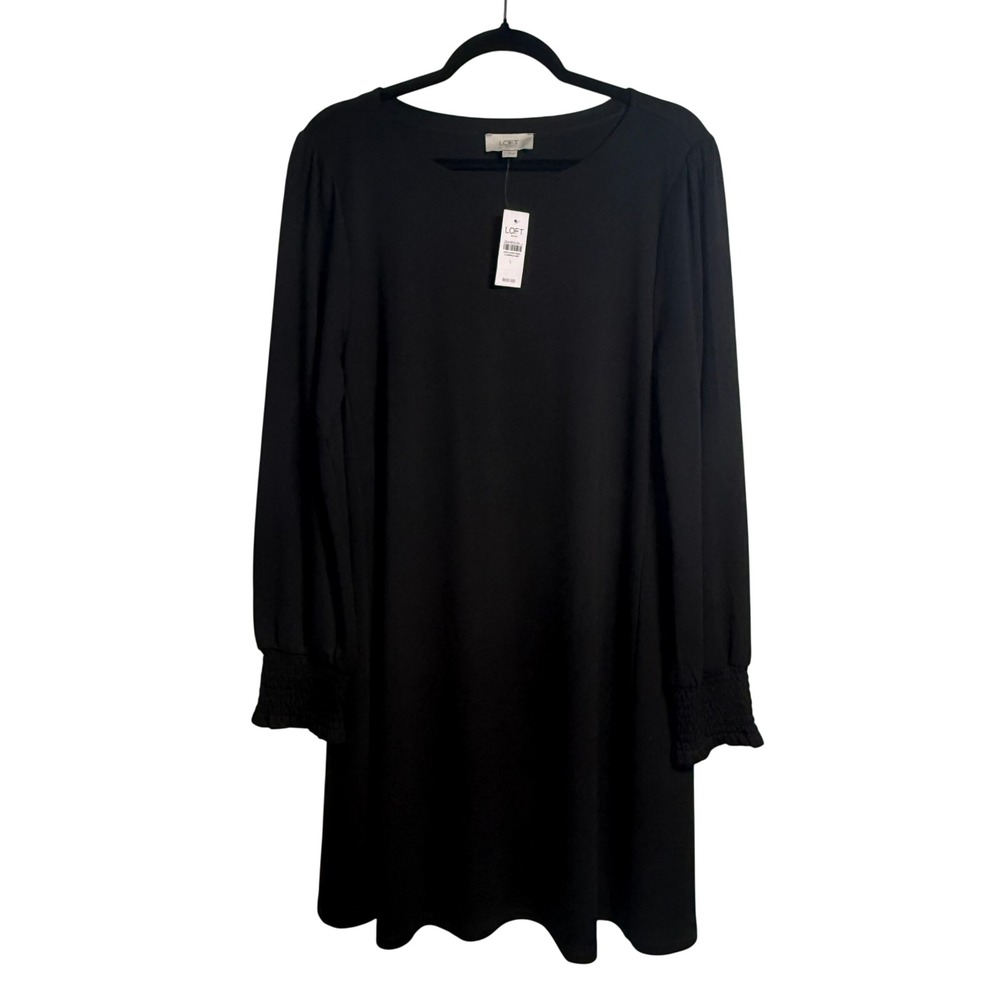 Loft Outlet Black Shift Dress Women Large Long Sleeve Smocked Cuff LBD NWT